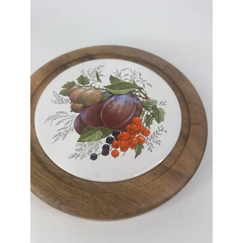 Vintage Wood & Glass Cheese Dome Cloche Set Plums Figs Cranberry Ceramic Insert